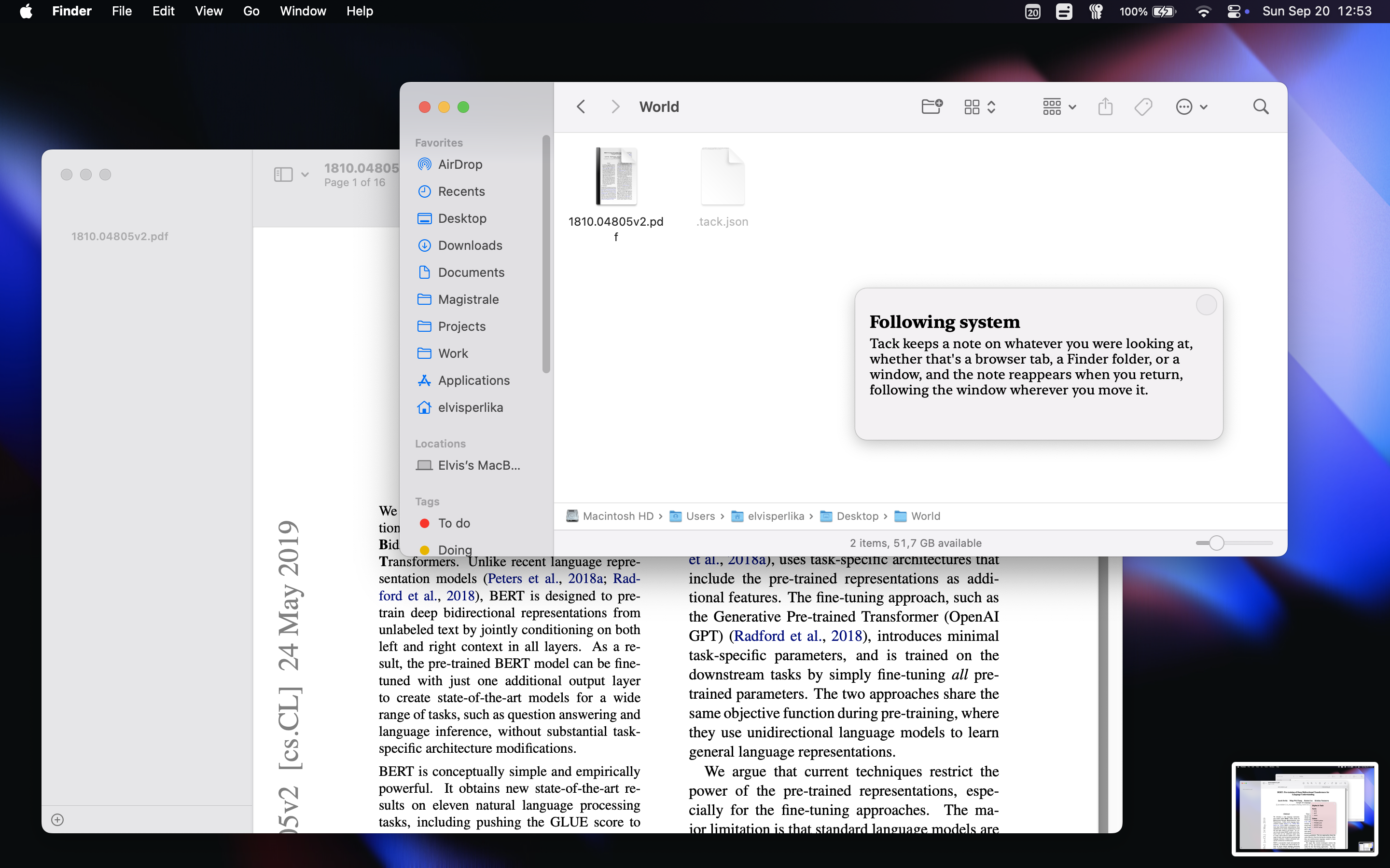 A Tack note pinned inside a Finder window, over a PDF in Preview