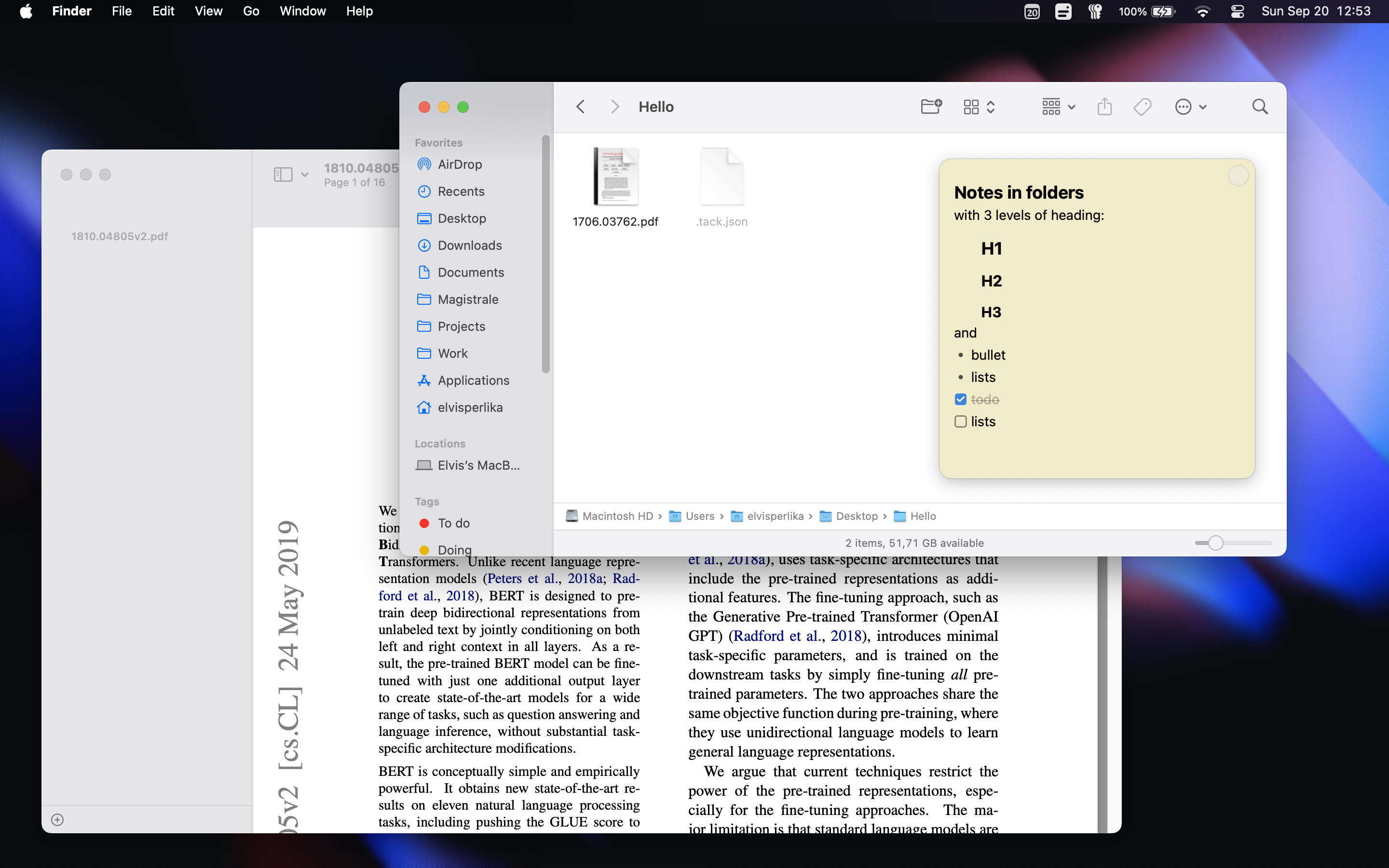 A note with headings, bullets and checkboxes