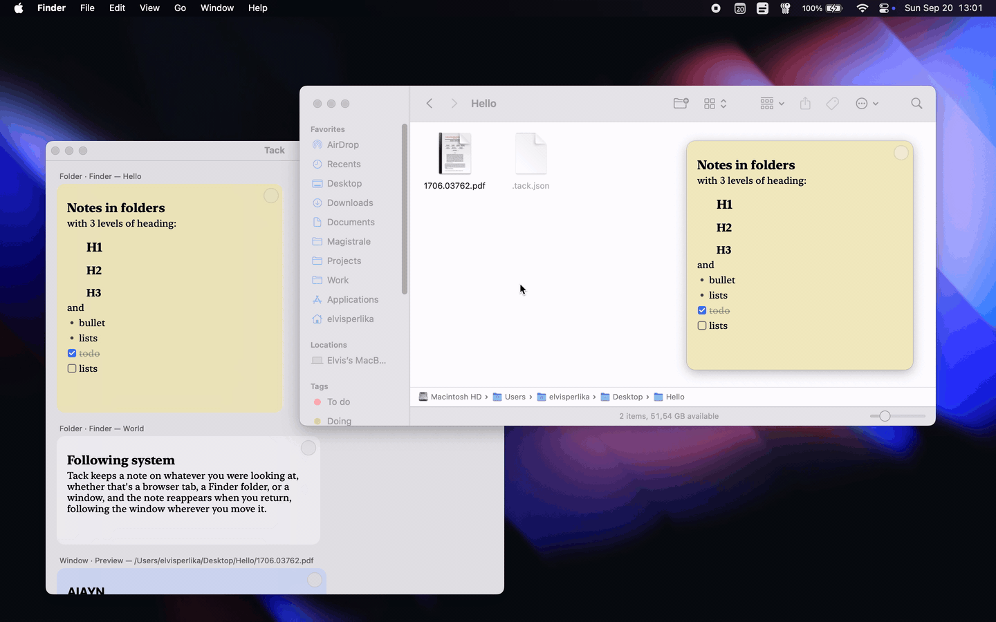 Editing a note in the Tack window and on its Finder folder at the same time